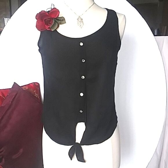 Sleeveless Blouse Top Silver Tone Buttons Tie Front Waist Black 90s Y2K M - Picture 2 of 10